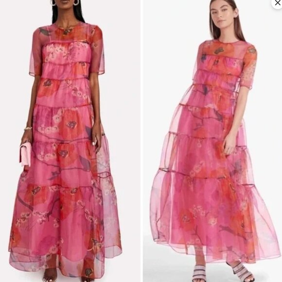 NEW STAUD Hyacinth Maxi Dress Gown Tiered Floral Pink Red Cocktail Party - Picture 1 of 8
